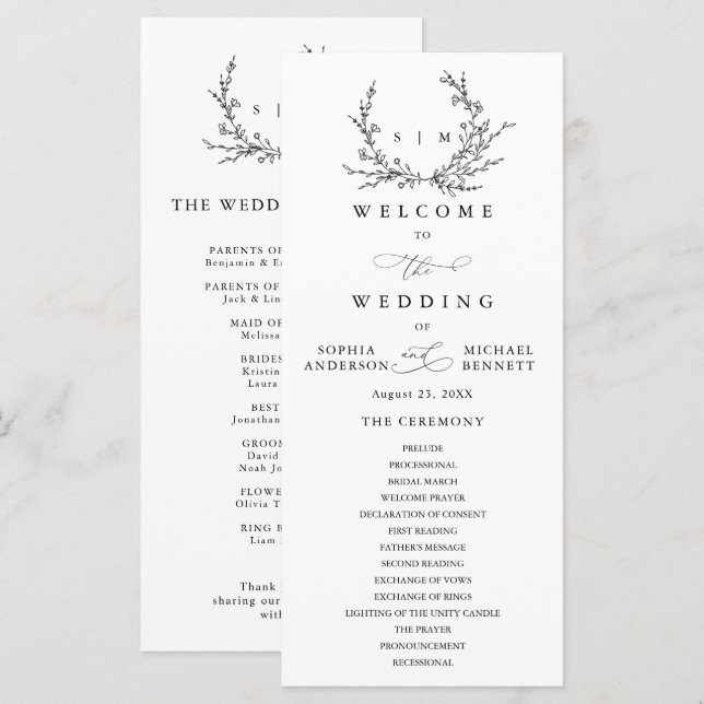 Minimalist Floral Line Art Wedding Program Programme (Front/Back)