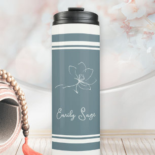Minimalist Floral Line Art Zen Coastal Blue Ivory Thermal Tumbler