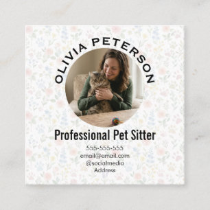 Minimalist Floral Photo Pet Sitter Square Business Card