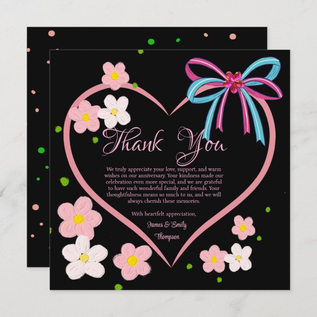 Minimalist Floral Pink & Black Wedding Anniversary Thank You Card (Front/Back)