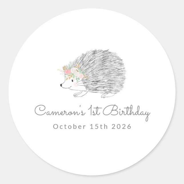 Minimalist Floral Porcupine Cute 1st Birthday Classic Round Sticker (Front)