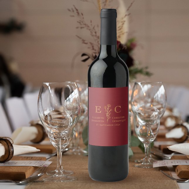 Minimalist Floral Red & Gold Monogrammed Wedding Wine Label (Creator Uploaded)