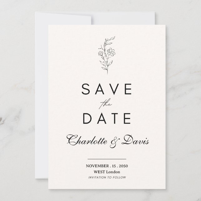Minimalist Floral Save the Date Card (Front)