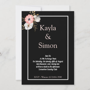 Minimalist Floral Watercolor Black Wedding Invitation