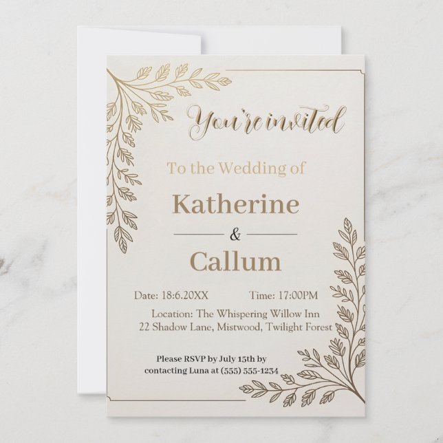 Minimalist Floral Wedding Design with Gold Leaf Invitation (Front)