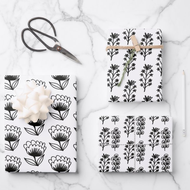Minimalist Floral Whimsical Black & White Cute Wrapping Paper Sheet (Front)