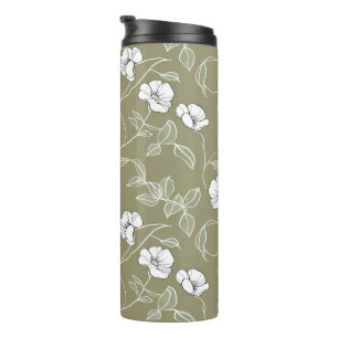 Minimalist Floral White Botanical Olive Green Thermal Tumbler