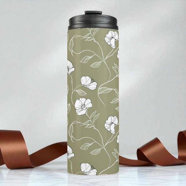 Minimalist Floral White Botanical Olive Green Thermal Tumbler (Minimalist Floral White Botanical Olive Green Thermal Tumbler)