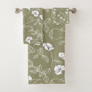 Minimalist Floral White Line Art Olive Green Bath Towel Set