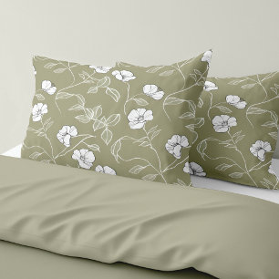 Minimalist Floral White Line Art Olive Green Pillowcase