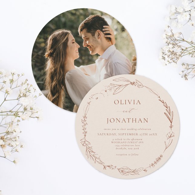 Minimalist Floral Wreath Terracotta Photo Wedding Invitation (Creator Uploaded)