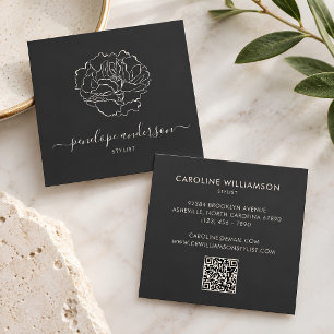 Minimalist Flower Line Art Typography Black White Square Business Card
