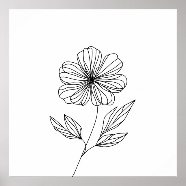 Minimalist Flower Line Drawing black and white  Poster (Front)