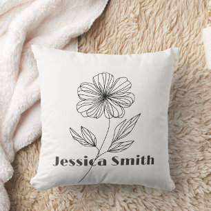 Minimalist Flower Line Drawing custom name Cushion
