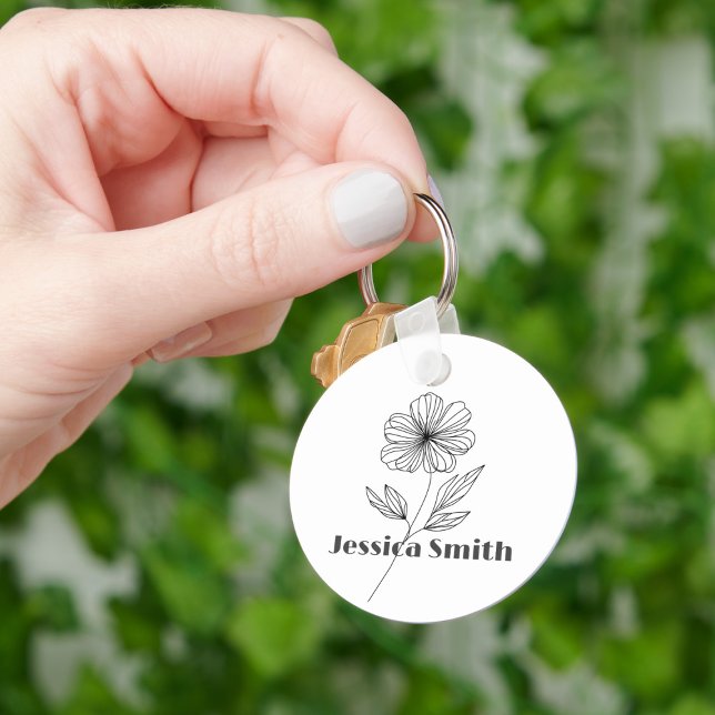 Minimalist Flower Line Drawing custom name Key Ring (Creator Uploaded)