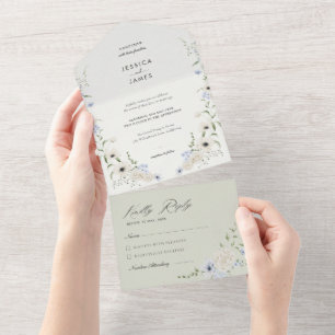 Minimalist Flowers Tear-Off RSVP Wedding All In One Invitation