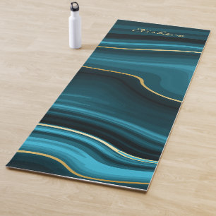 Minimalist Flowing Teal, Turquoise & Gold Agate Yoga Mat