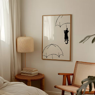 Minimalist Flying Black Cat with Umbrella Modern Poster
