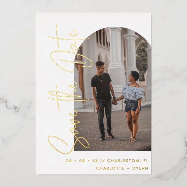 Minimalist Foil Arc Photo Wedding Save the Date (Front)