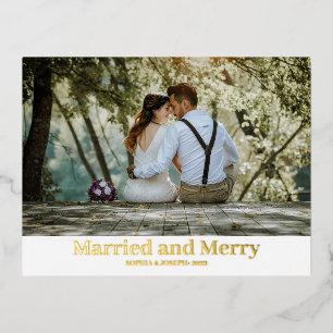 Minimalist Foil Merry and Married Newlywed Photo F Holiday Postcard