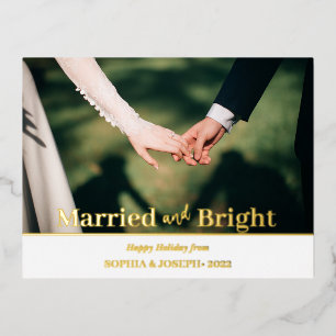Minimalist Foil Photo Merry and Bright Newlywed F Holiday Postcard