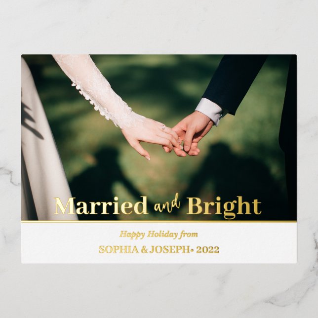 Minimalist Foil Photo Merry and Bright Newlywed  F Holiday Postcard (Front)