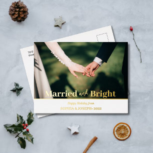 Minimalist Foil Photo Merry and Bright Newlywed  Holiday Postcard