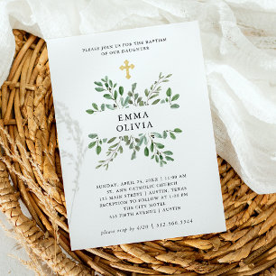 Minimalist Foliage   Baptism with Gold Cross Invitation