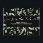Minimalist Foliage Black | Wedding Save the Date Announcement Postcard<br><div class="desc">This trendy botanical wedding save the date postcard features a frame of abundant watercolor green leaves and a few tiny berries on a dark black background. The words "save the date" appear in elegant, swirly calligraphy. A simple yet stylish wedding save the date announcement that you'll be proud to send...</div>
