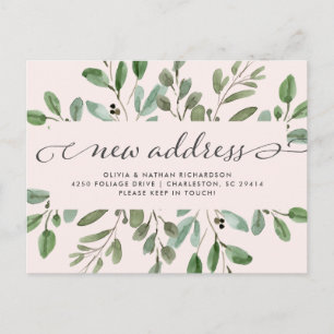 Minimalist Foliage Blush Pink Moving Announcement Postcard