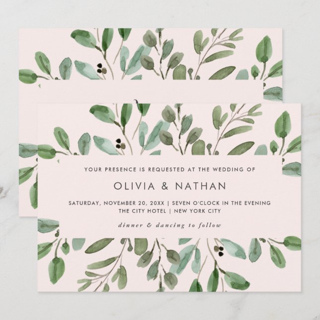 Minimalist Foliage Blush Pink | Wedding Invitation (Front/Back)