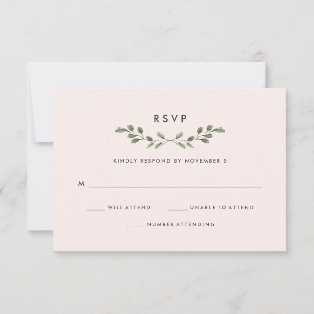 Minimalist Foliage | Blush Pink Wedding RSVP Card (Front)