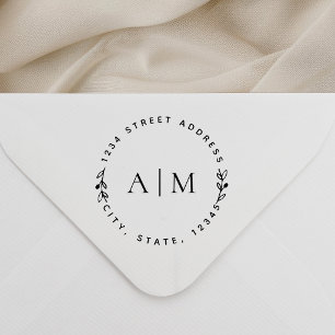 Minimalist Foliage Couple Initials Round Address Rubber Stamp