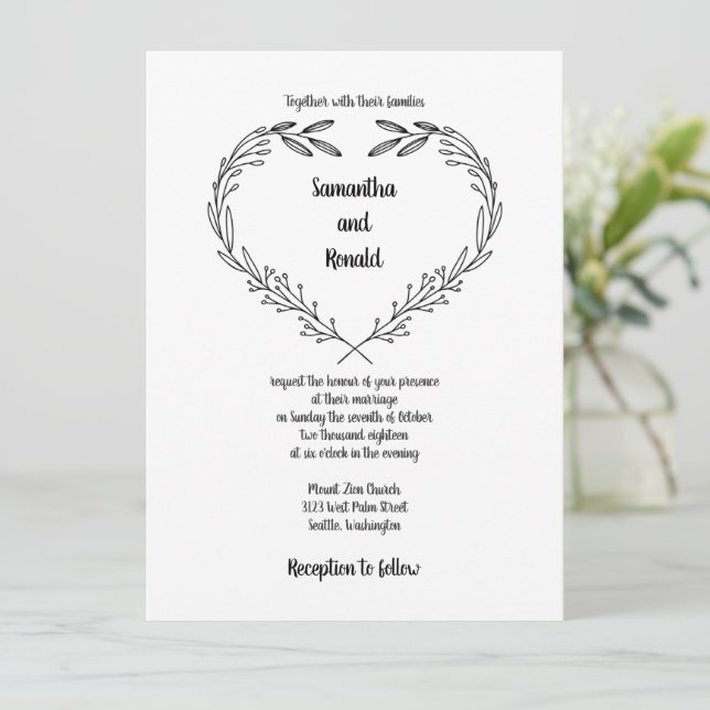 Minimalist Foliage Open Heart Black White Wedding Invitation (Standing Front)