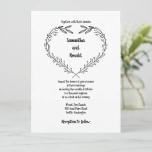 Minimalist Foliage Open Heart Black White Wedding Invitation