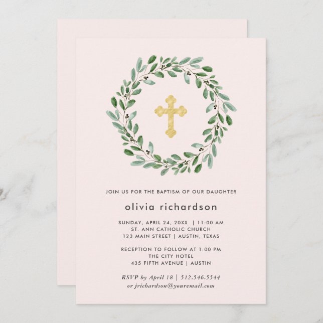 Minimalist Foliage | Pink Baptism with Gold Cross Invitation (Front/Back)