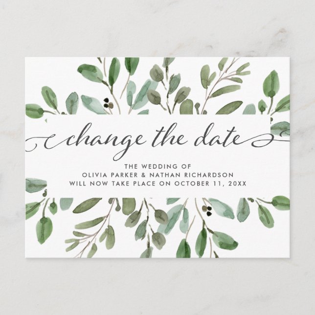 Minimalist Foliage | Wedding Change the Date Announcement Postcard (Front)