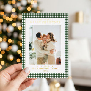 Minimalist Forest Green Gingham Christmas Photo