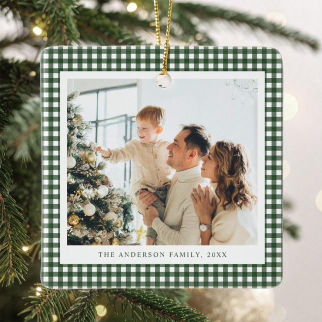 Minimalist Forest Green Gingham Photo Ceramic Ornament (Creator Uploaded)