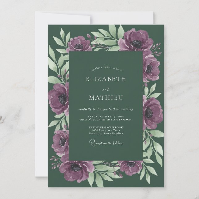 Minimalist Forest Plum Leafy Wedding Invitation (Front)