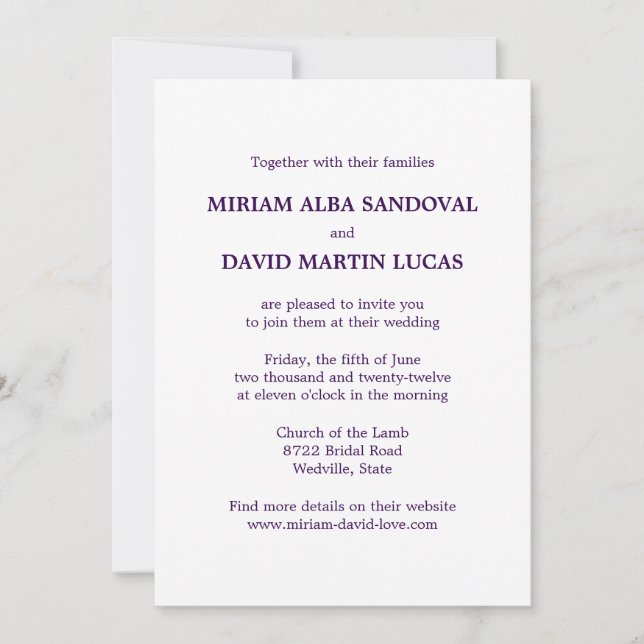 Minimalist Formal Bilingual Purple Wedding Invitation (Front)