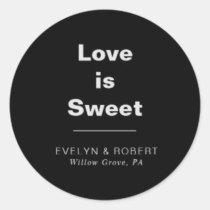 Minimalist Formal Black Wedding Love is Sweet  Classic Round Sticker