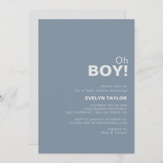 Minimalist Formal Blue Oh Boy Baby Shower   Invitation (Front/Back)