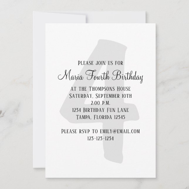 Minimalist Fourth Birthday Gender Neutral  Invitation (Front)