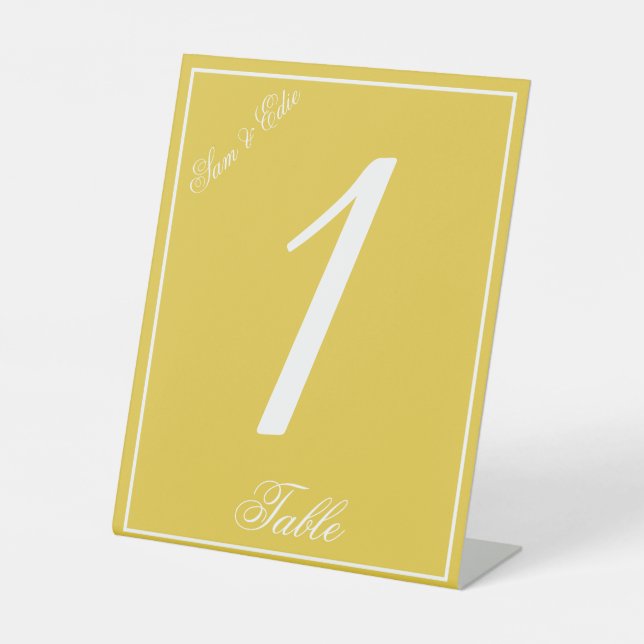 Minimalist Frame Mustard Yellow Table Number Pedestal Sign (Front)