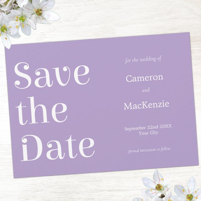 Minimalist French Lilac Wedding Save the Date (Simple minimalist modern typography French lilac Save the Date wedding invitation)