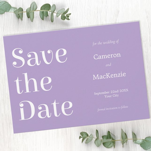 Minimalist French Lilac Wedding Save the Date (Simple minimalist modern typography French lilac Save the Date wedding invitation)