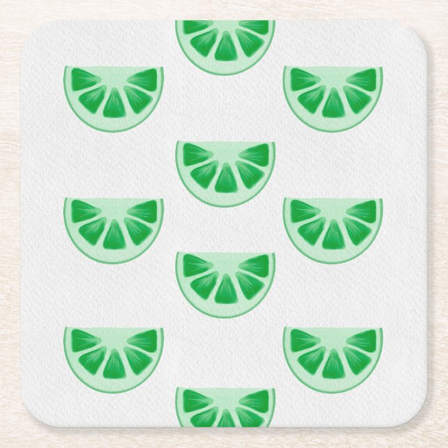Minimalist Fresh Green Lime Slices Canvas Pattern Square Paper Coaster (Front)
