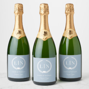 Minimalist Frosted Blue Monogram Initials Sparkling Wine Label
