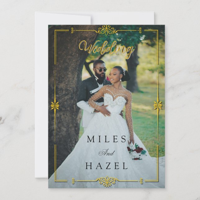 Minimalist Full Photo Wedding | Elegant Gold  Invitation (Front)